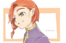 1boy amras character_name elf green_eyes male_focus parted_lips pixiv_id_43894224 pointy_ears red_hair side_ponytail smile solo teeth the_silmarillion tolkien&#039;s_legendarium upper_body