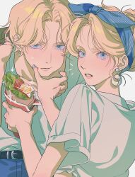 1boy 1girl blonde_hair blue_eyes brother_and_sister char_aznable earrings food gundam hairband highres holding holding_food jewelry kena131 looking_at_viewer looking_back mobile_suit_gundam open_mouth sayla_mass shirt short_hair siblings simple_background sweatdrop white_background white_shirt wiping_mouth