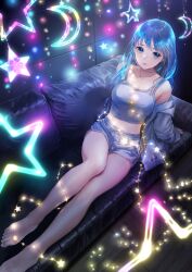 1girl absurdres arm_support bare_legs bare_shoulders barefoot blue_eyes blue_hair breasts couch crescent crop_top drawstring emori_miku feet from_above grey_jacket grey_shorts grey_tank_top hanging_light highres jacket kishida_mel legs liver_city long_hair looking_at_viewer medium_breasts midriff off_shoulder on_couch open_clothes open_jacket parted_lips short_shorts shorts sidelocks sitting solo star_(symbol) string_of_light_bulbs tank_top toes