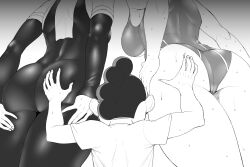 1boy 2girls ass boku_no_hero_academia gorgonzola_(paradisegom) groping highres huge_ass mineta_minoru multiple_girls netorare objectification sweat uraraka_ochako yaoyorozu_momo