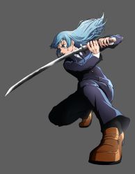 1girl black_jacket black_necktie blue_eyes blue_hair collared_shirt daisx_(dais0115) fighting_stance foreshortening formal_clothes from_side full_body highres holding holding_sword holding_weapon jacket jujutsu_kaisen katana light_blue_hair long_hair long_sleeves miwa_kasumi necktie pants perspective serious shirt solo suit sword weapon white_background white_shirt