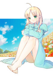 1girl absurdres ahoge artoria_pendragon_(fate) barefoot blonde_hair blue_dress blue_sky closed_mouth crossed_arms dress dun_dudu fate/stay_night fate_(series) field flower flower_field green_eyes highres last_episode_(fate) official_alternate_costume saber_(fate) sidelocks sitting sky solo