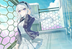 1girl absurdres aimh black_bow black_bowtie black_hairband blazer blue_sky blush bow bowtie braid breasts cloud collared_shirt fence fire grey_hair grey_skirt hair_ornament hairband hairpin highres jacket kirifuji_nozomi long_hair looking_at_viewer mole mole_under_eye multiple_hairpins neck_ribbon open_clothes open_jacket purple_eyes purple_fire ribbon school_uniform shirt single_braid skirt sky solo the_hundred_line_-last_defense_academy- zipper