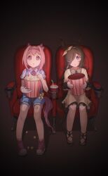 2girls animal_ears blue_shorts bow brown_dress brown_hair brown_shoes collared_shirt commentary cup disposable_cup dress drinking_straw ear_bow food full_body hair_over_one_eye hairband haru_urara_(umamusume) highres horse_ears horse_girl horse_tail long_hair moko39_takasora movie_theater multiple_girls parted_lips pink_eyes pink_hair pink_hairband popcorn purple_eyes red_ribbon red_shoes ribbon rice_shower_(umamusume) shirt shoes short_hair shorts sitting sneakers suspender_shorts suspenders symbol-only_commentary tail theater_seating umamusume white_bow white_shirt