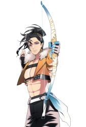 029jrr 1boy abs beard_stubble black_gloves black_hair blue_eyes blue_skin bow_(weapon) colored_skin cropped_jacket earrings facial_hair fingerless_gloves fur-trimmed_jacket fur_trim gloves gradient_skin hair_between_eyes highres holding holding_bow_(weapon) holding_weapon holostars holostars_english jacket jewelry josuiji_shinri long_sleeves looking_at_viewer male_focus medium_hair orange_jacket pectoral_cleavage pectorals ponytail smile solo standing stubble tassel tassel_earrings virtual_youtuber weapon