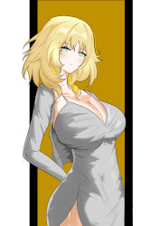 1girl absurdres aglaea_(honkai:_star_rail) alternate_costume blonde_hair breasts cleavage closed_mouth colorful_background commentary covered_navel dress green_eyes grey_dress highres honkai:_star_rail honkai_(series) large_breasts looking_at_viewer short_hair solo waist_(chem5772)