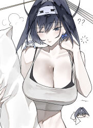 1girl absurdres alarm_clock alternate_costume bare_shoulders black_hair blue_eyes blue_hair blush bow bow_earrings breasts camisole chain chain_headband cleavage clock collarbone colored_inner_hair earrings ewn eye_mask hair_intakes halo highres holding hololive hololive_english jewelry large_breasts long_hair looking_at_viewer mascot mechanical_halo midriff multicolored_hair navel ouro_kronii pajamas pillow ribbon_earrings rubbing_eyes short_hair simple_background sleepy solo spaghetti_strap squeans strap_slip virtual_youtuber white_background white_camisole white_mask