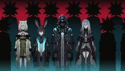 3girls 6+others absurdres amiya_(arknights) animal_ear_fluff animal_ears arknights black_jacket black_pants black_pantyhose blue_skirt brown_hair clothing_cutout doctor_(arknights) dress faceless faceless_female green_dress grey_hair highres hood hood_up hooded_jacket jacket kal&#039;tsit_(arknights) multiple_girls multiple_others off-shoulder_jacket off_shoulder open_clothes open_jacket pants pantyhose pleated_skirt qingjiaokuaigengxin rabbit_ears red_background skadi_(arknights) skirt thigh_cutout