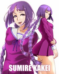 1girl absurdres arms_behind_back boruto:_naruto_next_generations braid breasts character_name collarbone cowboy_shot dress highres holding_own_arm kakei_sumire long_sleeves looking_at_viewer looking_to_the_side low_twin_braids multiple_views naruto_(series) no_pupils purple_dress purple_eyes purple_hair saburo_des sailor_collar sailor_dress short_dress small_breasts smile thighs twin_braids twitter_username upper_body