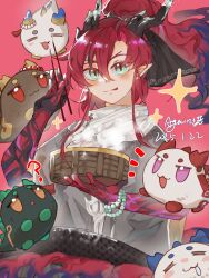 1boy :q ? again_nuo aqua_eyes arknights artist_name bamboo_steamer chongyue_(arknights) chopsticks coat colored_extremities colored_skin dated dragon_boy dragon_bubble_(arknights) dragon_horns dusk_(arknights) eastern_dragon_horns food forked_eyebrows grey_coat hair_between_eyes hand_up highres holding holding_bamboo_steamer holding_chopsticks horns ling_(arknights) male_focus nian_(arknights) notice_lines pointy_ears ponytail red_background red_hair red_skin short_sleeves shu_(arknights) signature solo sparkle steamed_bun tongue tongue_out yu_(arknights)