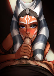 1boy 1girl ahsoka_tano alien black_shirt blue_eyes cherry-gig colored_skin fellatio handjob hands_up hetero looking_at_viewer male_pubic_hair oral orange_skin penis pubic_hair red_lips shirt star_wars star_wars:_the_clone_wars tentacle_hair togruta