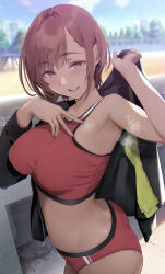 1girl absurdres ass black_jacket blush breasts brown_eyes brown_hair buruma commentary_request gentsuki highres jacket large_breasts looking_at_viewer open_clothes open_jacket open_mouth original outdoors red_buruma red_sports_bra short_hair single_bare_shoulder smile solo sports_bra steam thighs