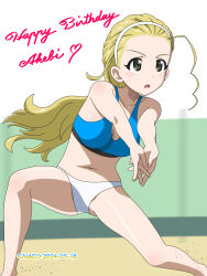 1girl bikini blonde_hair blush breasts character_name dated girls_und_panzer green_eyes happy_birthday highres long_hair naotosi open_mouth ponytail sasaki_akebi small_breasts solo swimsuit