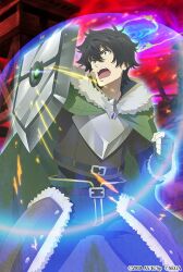 1boy arm_shield arm_up armor artist_request belt black_belt black_gloves black_hair black_shirt brown_shirt chain_chronicle cloak collared_shirt commentary_request cowboy_shot energy_barrier fingerless_gloves fur-trimmed_armor fur-trimmed_cloak fur-trimmed_gloves fur_trim gloves green_cloak green_eyes green_pants hair_between_eyes hand_up high_collar iwatani_naofumi long_sleeves looking_ahead male_focus messy_hair official_art open_mouth pants red_sky ruins shield shirt short_hair short_sleeves sky solo standing tate_no_yuusha_no_nariagari teeth upper_teeth_only