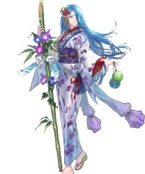 1girl alternate_costume bamboo blue_eyes blue_hair feet female_focus fire_emblem fire_emblem:_path_of_radiance fire_emblem_heroes full_body hair_over_one_eye highres japanese_clothes kimono long_hair lucia_(fire_emblem) lucia_(yukata)_(fire_emblem) matching_hair/eyes nintendo non-web_source official_alternate_costume official_art sandals solo standing suzuki_rika toes yukata