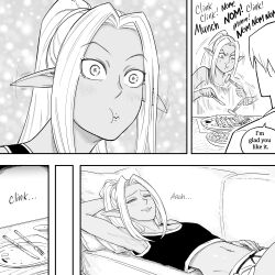 Rule 34 | 1boy, 1girl, :t, absurdres, bb (baalbuddy), blush, breasts, brother and sister, brother and step-sister, couch, crop top, cutlet, dark elf, ear wiggle, eating, elf, english text, food, happy, highres, left-to-right manga, long hair, lying, medium breasts, midriff, navel, on back, on couch, original, pointy ears, shorts, siblings, solo focus, speech bubble, step-brother and step-sister, step-siblings, tank top
