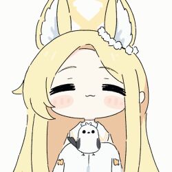 1girl animal_ear_fluff animal_ears animated animated_gif blonde_hair blue_archive blush chibi closed_eyes commentary_request detached_sleeves dress flower fox_ears fox_girl hair_flower hair_ornament halo long_hair open_mouth seia_(blue_archive) simple_background sleeves_past_wrists solo umihio white_background white_dress yellow_halo