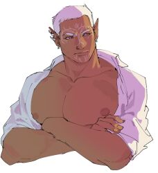 Rule 34 | 1boy, baldur&#039;s gate, baldur&#039;s gate 3, bara, buzz cut, cropped torso, crossed arms, dark-skinned male, dark skin, earrings, elf, facepaint, jewelry, large pectorals, looking to the side, male focus, mature male, muscular, muscular male, nipples, open clothes, open shirt, pectorals, pointy ears, short hair, solo, tav (baldur&#039;s gate), tav (titanium886), thick eyebrows, titanium886, very short hair, white hair, yellow nails