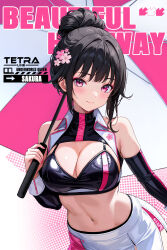 1girl alternate_costume bare_shoulders black_hair black_sleeves blush breasts character_name cleavage closed_mouth commentary_request crop_top detached_sleeves dramz goddess_of_victory:_nikke hair_bun highres holding holding_umbrella large_breasts leaning_to_the_side looking_at_viewer midriff miniskirt navel pink_umbrella race_queen sakura_(nikke) single_hair_bun skirt smile solo stomach two-tone_umbrella umbrella upper_body white_skirt white_umbrella