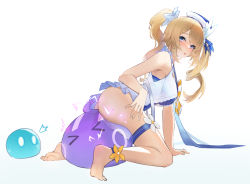 &gt;_&lt; 0_0 1girl absurdres ankle_ribbon bad_id bad_pixiv_id barbara_(genshin_impact) barbara_(summertime_sparkle)_(genshin_impact) bare_shoulders blonde_hair blue_eyes blush breasts commentary_request dress drill_hair electricity electro_slime_(genshin_impact) flower from_behind genshin_impact hair_ornament hat highres janload1ng kneeling leg_ribbon long_hair looking_at_viewer looking_back official_alternate_costume open_mouth ribbon sleeveless slime_(genshin_impact) solo thigh_strap twin_drills twintails white_background white_dress white_hat yellow_flower