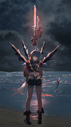 1girl absurdres arknights backlighting black_boots black_shorts boots commentary_request cropped_jacket demon_girl demon_horns demon_tail grey_hair highres horns jacket looking_at_viewer medium_hair multicolored_hair partial_commentary red_hair red_jacket shorts smile solo standing streaked_hair tail takiren w_(arknights) wis&#039;adel_(arknights)