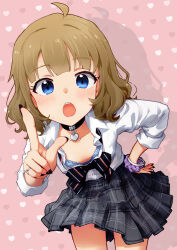 Rule 34 | 1girl, :o, ahoge, black bow, black bowtie, black choker, black nails, blue bra, blue eyes, bow, bowtie, bra, bracelet, breasts, brown hair, checkered clothes, checkered skirt, choker, collarbone, commentary, concept gyarus (idolmaster), dot nose, grey skirt, gyaru, hand on own hip, hand up, heart, heart background, heart choker, highres, idolmaster, idolmaster million live!, idolmaster million live! theater days, ikamagu, jewelry, lace, lace-trimmed bra, lace trim, light blush, long sleeves, looking at viewer, medium hair, nail polish, official alternate costume, open collar, open mouth, pink background, pleated skirt, pointing, pointing at viewer, purple scrunchie, ring, scrunchie, shadow, shirt, sidelocks, skirt, small breasts, solo, striped bow, striped bowtie, striped clothes, suou momoko, thighs, underwear, wavy hair, white shirt, wrist scrunchie