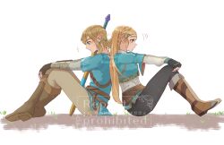 1boy 1girl black_pants blonde_hair boots braid brown_boots brown_pants champion&#039;s_tunic_(zelda) crown_braid earrings from_side green_shirt hair_ornament hairclip jewelry knee_boots layered_sleeves link long_hair long_sleeves master_sword nintendo pants pointy_ears ponytail princess_zelda seri_(yuukasakura) shirt short_over_long_sleeves short_sleeves sitting the_legend_of_zelda the_legend_of_zelda:_breath_of_the_wild watermark white_background
