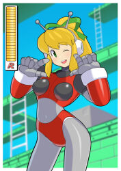 antennae armor armored_gloves arms_up bikini_armor blonde_hair blue_eyes breasts green_ribbon hair_ribbon hairband headphones health_bar hyper_roll_(marvel_vs._capcom) hypericum_(mppv1862) joints large_breasts light_blush long_hair looking_at_viewer marvel_vs._capcom mechanical_arms mechanical_legs mega_man_(classic) mega_man_(series) one_eye_closed ponytail radio_antenna red_armor ribbon robot robot_girl robot_joints roll_(mega_man) shoulder_armor sidelocks smile video_game
