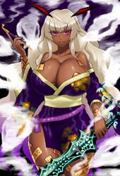 Rule 34 | absurdres, bare shoulders, blonde hair, breasts, cleavage, curvy, dark-skinned female, dark skin, dress, eyelashes, grin, half-closed eyes, highres, holding, holding sword, holding weapon, huge breasts, itou ittousai (sengoku bushouki muramasa), japanese clothes, jidai oku reivun, kimono, long hair, looking at viewer, ofuda, ofuda on arm, ofuda on clothes, purple dress, purple eyes, purple kimono, sengoku bushouki muramasa, shiny skin, smile, smoke, smoking pipe, standing, steam, sword, teeth, thick thighs, thighs, weapon