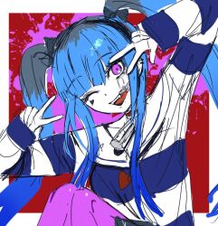 1girl amemiya_darumi black_hair blood blood_splatter blue_hair border double_v female_focus heart long_hair looking_at_viewer makeup multicolored_hair one_eye_closed pink_blood pink_eyes red_background safety_pin shirt simple_background solo solo_focus striped_clothes striped_shirt teeth the_hundred_line_-last_defense_academy- twintails upper_teeth_only v white_border wink