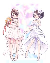 1girl blush bouquet braid breasts brown_eyes brown_hair cleavage collarbone dress flower gyakutenndokei2 hair_flower hair_ornament highres juliana_(pokemon) nintendo off-shoulder_dress off_shoulder pokemon pokemon_sv see-through_clothes see-through_veil side_braid veil wedding_dress white_dress