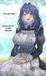 1girl apron black_dress blue_eyes blue_hair braid dress english_text hair_intakes hair_ribbon hat highres hololive hololive_english ichiyaichimaru lap_pillow_invitation long_hair low_twin_braids mob_cap official_alternate_costume official_alternate_hairstyle open_mouth ouro_kronii ouro_kronii_(maid) pocket_watch ribbon solo speech_bubble twin_braids virtual_youtuber watch white_apron white_ribbon
