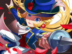 1girl artist_name ascot blonde_hair blue_boots blue_eyes blue_hat blue_jacket boots earrings flower hat hat_flower holding holding_sword holding_weapon jacket jewelry long_hair looking_at_viewer mario_(series) nintendo official_alternate_costume pants petals pink_lips pink_nails princess_peach princess_peach:_showtime! rapier red_flower red_rose red_vest rose rose_petals solo sphere_earrings sword swordfighter_peach vest watermark weapon white_ascot white_pants yuuma_rimi