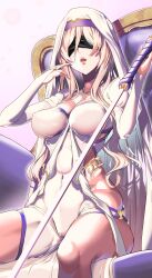 1girl black_blindfold blindfold blonde_hair breasts bridal_gauntlets commentary_request covered_erect_nipples covered_navel dress goblin_slayer! highres holding holding_staff jewelry large_breasts long_hair necklace no_panties on_chair parted_lips polearm rokakukei sideless_dress sitting skin_tight solo staff sword_maiden swordstaff veil weapon white_background white_dress white_veil