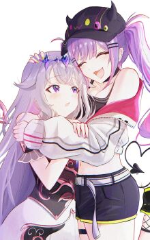 Rule 34 | 2girls, :d, ^ ^, absurdres, arm strap, belt, black hat, black shorts, breasts, cleavage, closed eyes, colored inner hair, demon tail, ear piercing, fake horns, grey hair, hair ornament, hairclip, hat, heart, heart tail, highres, hololive, hololive english, horns, hug, jacket, koseki bijou, kyouraku, leg up, long sleeves, midriff, multicolored hair, multicolored nails, multiple girls, navel, open clothes, open jacket, open mouth, parallel hairclips, piercing, pink hair, purple eyes, red nails, short shorts, shorts, small breasts, smile, tail, tokoyami towa, twintails, virtual youtuber, white belt, white jacket, yellow nails