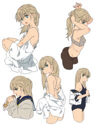 1girl adjusting_hair arms_between_legs arms_up bare_shoulders breasts bright_pupils cropped_legs dress eating food from_behind highres holding holding_food long_hair looking_at_viewer looking_back m_k multiple_views off_shoulder one-piece_swimsuit open_mouth original rika_(m_k) school_uniform shirt simple_background small_breasts standing swimsuit twintails tying_hair undressing white_background white_dress white_shirt