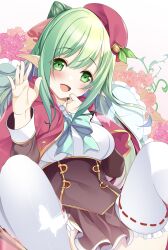 Rule 34 | 1girl, absurdres, beret, breasts, cecile leica engel berglund, commission, elf, flower, frilled thighhighs, frills, green eyes, green hair, hat, highres, iris mysteria!, ivy, origami aya, pointy ears, ribbon, thighhighs, white thighhighs