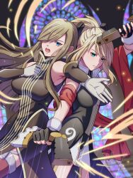2girls arm_up armpit_crease armpit_peek back-to-back bare_shoulders black_gloves blonde_hair blue_eyes breasts brown_dress brown_hair brown_sleeves ch1emon_i closed_mouth commentary_request cowboy_shot detached_sleeves dress fingerless_gloves gloves gun hair_over_one_eye handgun high_ponytail highres holding holding_gun holding_weapon large_breasts legretta_(tales) long_hair multiple_girls open_hand open_mouth outstretched_hand ponytail popped_collar sidelocks sleeveless sleeveless_dress tales_of_(series) tales_of_the_abyss tear_grants thighhighs weapon white_gloves