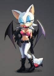 1girl alternate_costume animal_ears animal_nose aqua_eyes arm_behind_back bare_shoulders bat_cracker bat_ears bat_girl bat_wings belt belt_boots belt_buckle black_belt black_boots black_jacket boots bra breasts buckle candy choker cleavage collar collarbone commentary ear_piercing eyeshadow fingernails food full_body furry furry_female gloves grey_background groin hand_on_own_hip high_heel_boots high_heels jacket jewelry large_breasts lollipop long_fingernails looking_to_the_side lowleg lowleg_pants makeup midriff mouth_hold navel pants partially_unzipped piercing rouge_the_bat shadeshark sideways_glance signature simple_background solo sonic_(series) sonic_adventure_2 sonic_battle sonic_the_hedgehog standing strapless underwear white_hair white_pants wings