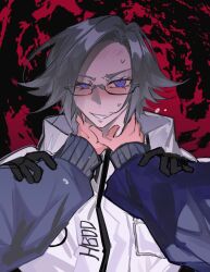 2boys aotsuki_eito black_background black_gloves blue_eyes blush eyelashes glasses gloves grey_hair grin jacket long_sleeves looking_at_viewer male_focus multiple_boys parted_hair pov pov_hands red_background simple_background smile strangling sumino_takumi teeth the_hundred_line_-last_defense_academy- upper_body white_jacket