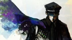 Rule 34 | 1boy, black cloak, black hair, black hat, blending, cloak, devil summoner: raidou kuzunoha vs the soulless army, devil summoner (series), facing viewer, floating cape, gakuran, hat, hat over eyes, highres, kuzunoha raidou, kyezzzz, male focus, peaked cap, purple cloak, school uniform, short hair, sideburns, solo, two-tone cloak, upper body, vial