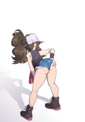 1girl ass baseball_cap blue_shorts boots brown_hair cutoff_jeans cutoffs denim denim_shorts from_behind grabbing_own_ass gyakutenndokei2 hat high_ponytail highres hilda_(pokemon) micro_shorts nintendo open_clothes open_vest pokemon pokemon_bw ponytail shorts simple_background solo vest white_background wristband