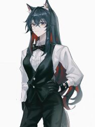 1girl absurdres ambience_synesthesia animal_ear_fluff animal_ears arknights black_bow black_bowtie black_hair black_pants black_vest bow bowtie buttons closed_mouth collared_shirt colored_inner_hair contrapposto cowboy_shot crossed_bangs dress_shirt grey_background hair_between_eyes hand_on_own_hip highres long_hair long_sleeves looking_at_viewer multicolored_eyes multicolored_hair official_alternate_costume pants purple_eyes red_hair shirt sidelocks simple_background solo standing tail texas_(arknights) traditional_bowtie two-tone_eyes vest waistcoat white_shirt wolf_ears wolf_girl wolf_tail yellow_eyes zhishi_mao_tiao