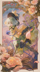 1girl absurdres arch black_boots black_hat black_thighhighs blouse boots border bow buttons collared_shirt commentary_request diamond_button falling_petals floral_arch floral_print flower fountain frilled_shirt_collar frilled_sleeves frills full_body garden green_eyes green_skirt hat hat_bow heart heart_of_string highres komeiji_koishi leaf leg_up long_sleeves looking_at_viewer maccha_(mochancc) medium_hair open_mouth outdoors petals plant rose shirt skirt sleeves_past_fingers sleeves_past_wrists smile solo thighhighs third_eye thorns touhou vines yellow_bow yellow_shirt