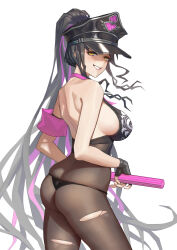 Rule 34 | 1girl, absurdres, ass, bikini, black bikini, black bodystocking, black gloves, black hair, black hat, bodystocking, breasts, butt crack, chaldea logo, facial mark, fate/grand order, fate (series), fingerless gloves, forehead mark, gloves, hat, highres, large breasts, long hair, looking at viewer, multicolored hair, necktie, official alternate costume, peaked cap, pink necktie, police hat, purple streaks, sessyoin kiara, sessyoin kiara (swimsuit mooncancer) (second ascension), smile, streaked hair, swimsuit, tattered helmet (polan kui), torn bodystocking, torn clothes, traffic baton, very long hair, yellow eyes