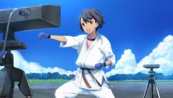 1girl black_collar black_hair blue_gloves blue_sky bob_cut camera clenched_hands cloud cloudy_sky collar daitoku_junna dark-skinned_female dark_skin day dougi fukuda_tomonori game_cg gloves grass grey_eyes highres hill jacket karate_gi martial_arts_belt nervous non-web_source official_art open_mouth outdoors outstretched_arm pants pink_shirt recording robotics;notes shirt short_hair sky solo sweatdrop t-shirt tongue tree white_jacket white_pants