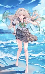 1girl bare_legs barefoot black_bow black_hairband blue_eyes blue_pupils blue_sky blush bow bowtie buttons commentary_request day double-breasted feet firefly_(honkai:_star_rail) firefly_(spring_missive)_(honkai:_star_rail) gradient_hair green_bow green_bowtie green_hair grey_hair grey_sailor_collar grey_skirt hair_bow hairband highres honkai:_star_rail honkai_(series) legs long_hair looking_at_viewer minausa multicolored_hair open_mouth sailor_collar school_uniform serafuku shirt skirt sky smile solo teeth toes upper_teeth_only wet wet_clothes wet_shirt white_shirt