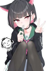 1girl absurdres animal_ears black_choker black_hair black_hoodie blue_archive blush brown_pantyhose cat_ears choker closed_mouth colored_inner_hair commentary_request doodle_sensei_(blue_archive) extra_ears fork green_sailor_collar highres holding holding_fork hood hoodie isocha kazusa_(blue_archive) knees_up long_sleeves looking_at_viewer miniskirt multicolored_hair neckerchief pantyhose pink_hair pink_neckerchief red_eyes sailor_collar sensei_(blue_archive) short_hair simple_background sitting skirt solo two-tone_hair utensil_in_mouth v white_background white_skirt