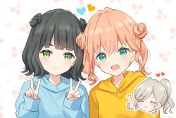 3girls :&gt; :d ^_^ alt_text aqua_eyes black_hair blue_hoodie blunt_bangs ceras_yanagida_lilienfeld cerise_bouquet cherry_background closed_eyes closed_mouth commentary_request crossed_bangs double_v flipped_hair food-themed_background green_eyes hair_intakes hanazora_satsuki heart hinoshita_kaho hood hoodie link!_like!_love_live! long_sleeves looking_at_viewer love_live! medium_hair miyake_miu momose_ginko multiple_girls nirei_nozomi open_mouth ponytail sakurai_hina seeno_de!_hasu_no_sora! sidelocks smile split_mouth twintails upper_body v virtual_youtuber voice_actor_connection white_background yellow_hoodie