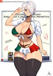 Rule 34 | angel (kof), artist name, black thighhighs, blouse, blue eyes, breasts, flag print, gyaru, highres, large breasts, marker, medium hair, mexican (nationality), mexican flag, mexican flag print, mexico, miniskirt, peace symbol, sex toy, shiny skin, shirt, skirt, smile, snk, spanish text, tattoo, the king of fighters, thighhighs, vibrator, vibrator in thighhighs, white hair, whiteboard, xhaart